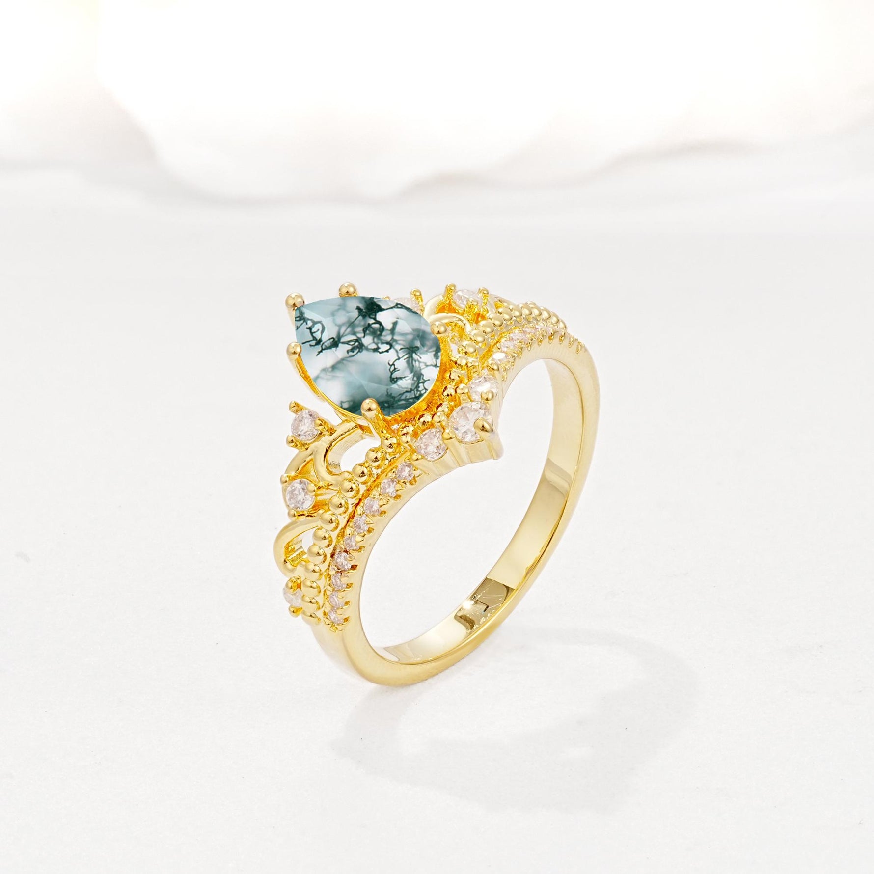 Vintage Pear Cut Moss Agate Crown Engagement Ring Set - Additional view
