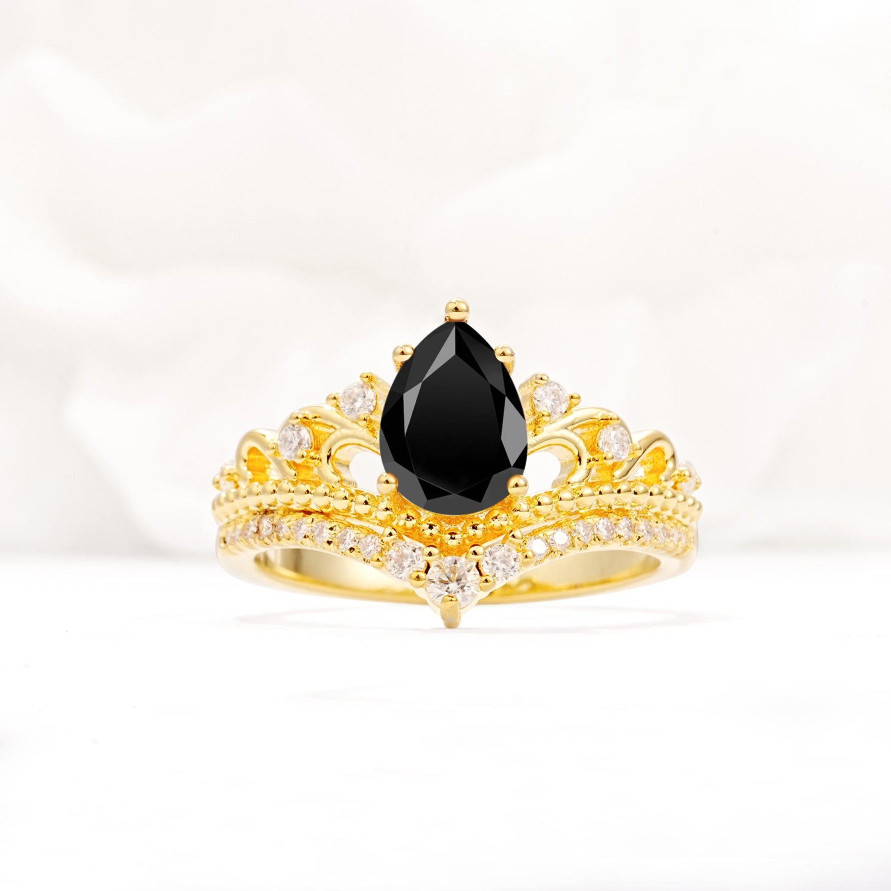 Vintage Pear Cut Black Onyx Crown Engagement Ring Set - Additional view