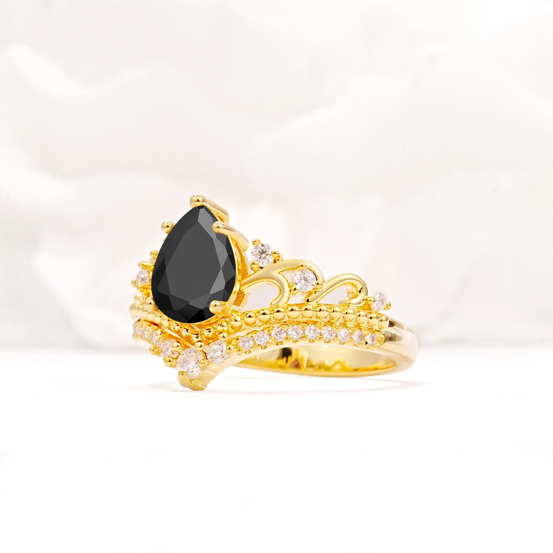 Vintage Pear Cut Black Onyx Crown Engagement Ring Set - Additional view
