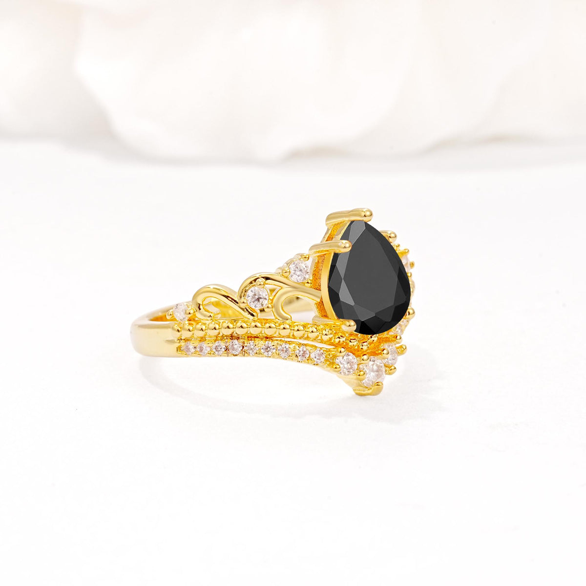Vintage Pear Cut Black Onyx Crown Engagement Ring Set - Additional view