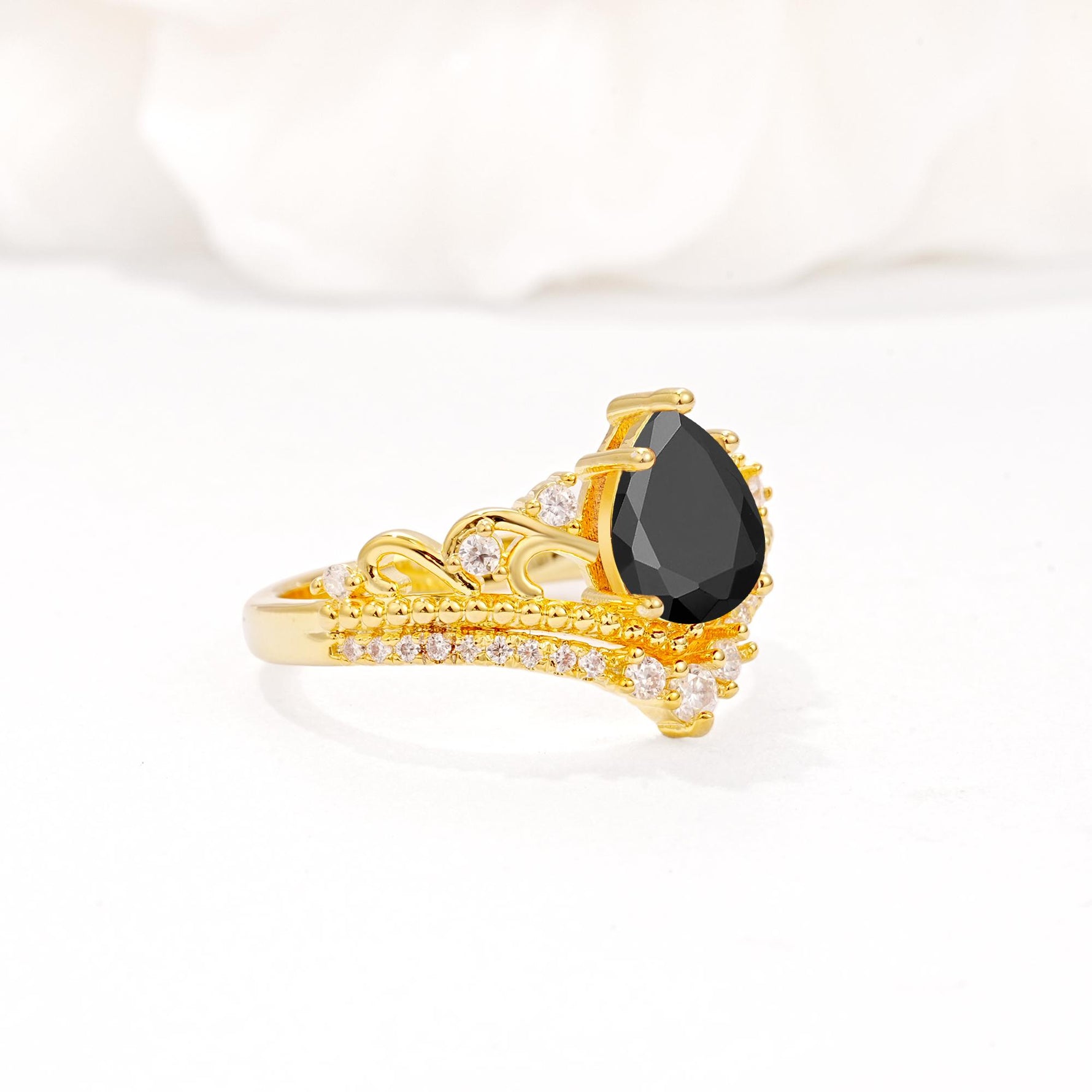 Vintage Pear Cut Black Onyx Crown Engagement Ring Set - Additional view