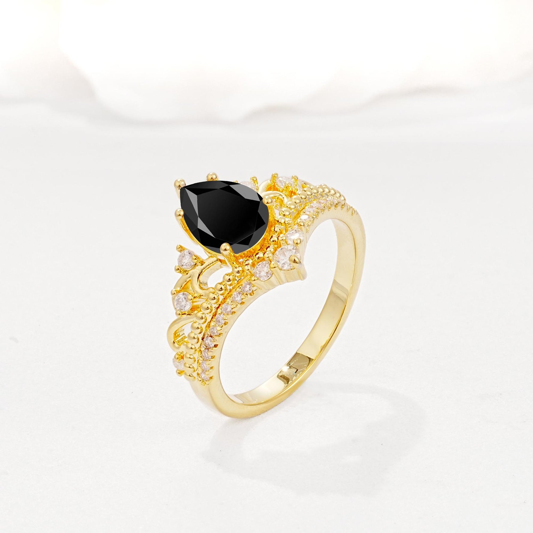 Vintage Pear Cut Black Onyx Crown Engagement Ring Set - Additional view