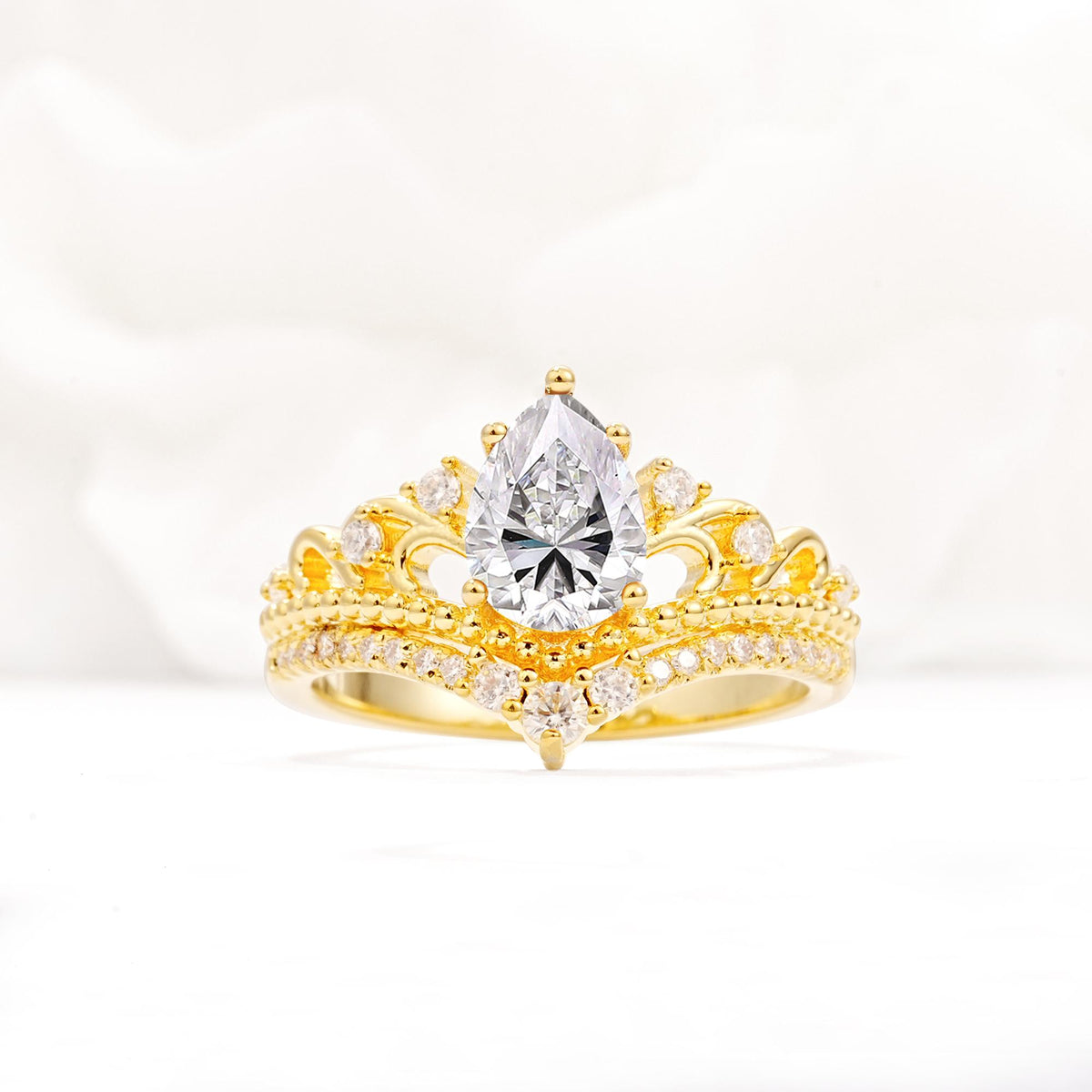 Vintage Pear Cut Lab Diamond Crown Engagement Ring Set - Additional view