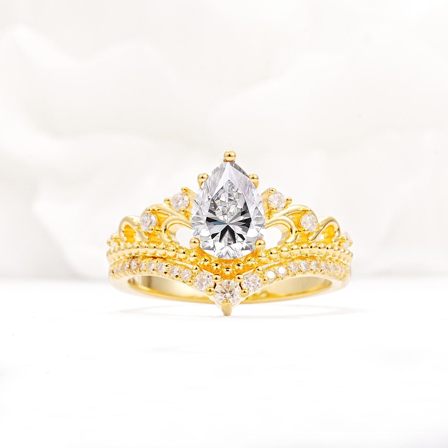 Vintage Pear Cut Lab Diamond Crown Engagement Ring Set - Additional view