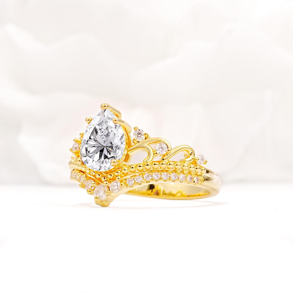 Vintage Pear Cut Lab Diamond Crown Engagement Ring Set - Additional view