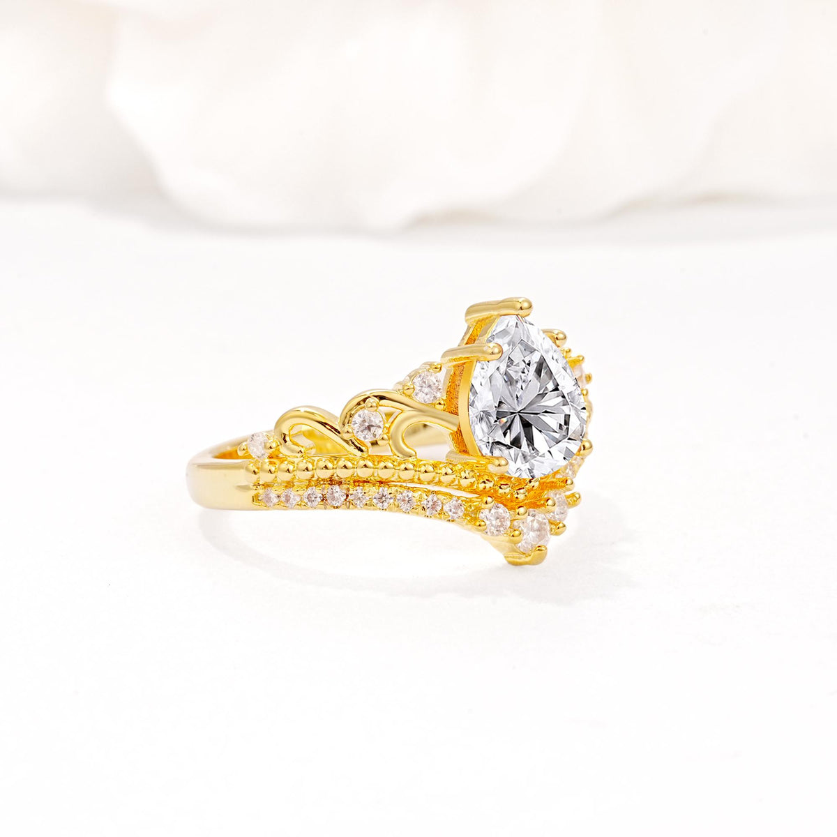 Vintage Pear Cut Lab Diamond Crown Engagement Ring Set - Additional view