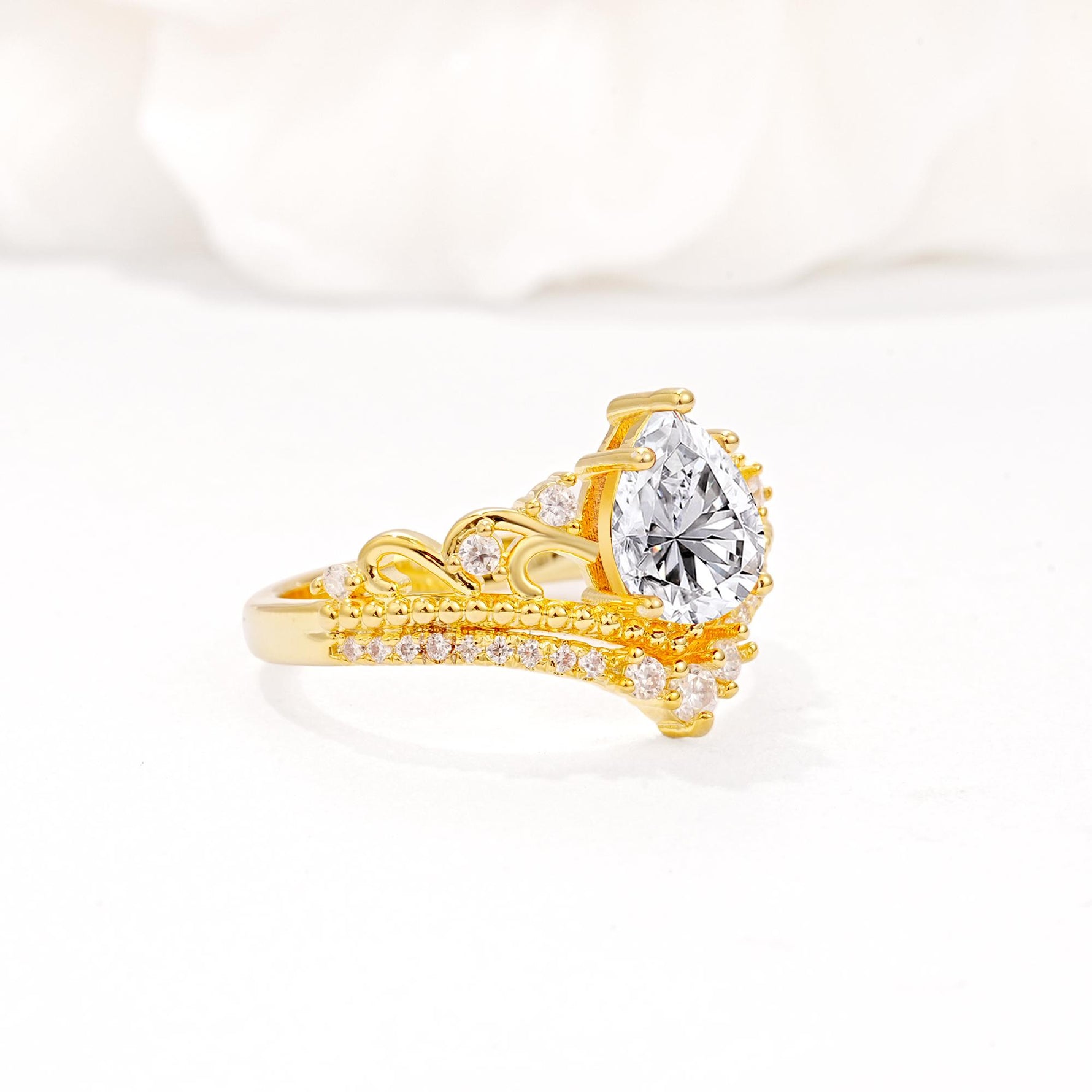 Vintage Pear Cut Lab Diamond Crown Engagement Ring Set - Additional view