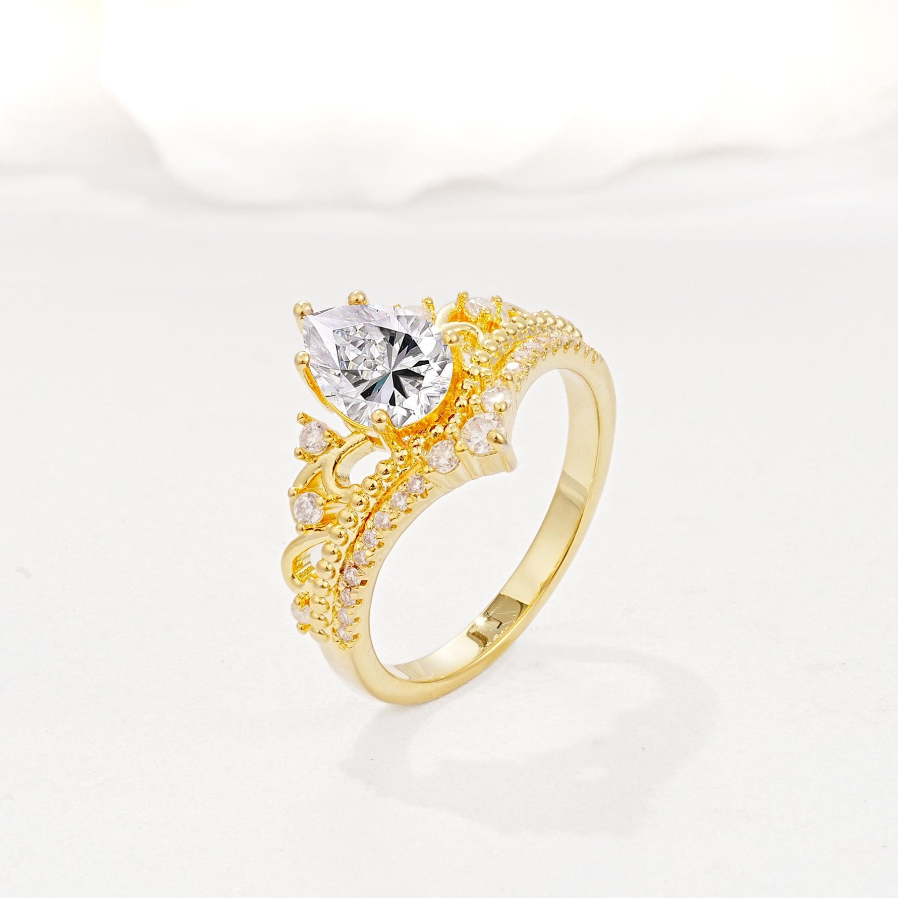 Vintage Pear Cut Lab Diamond Crown Engagement Ring Set - Additional view