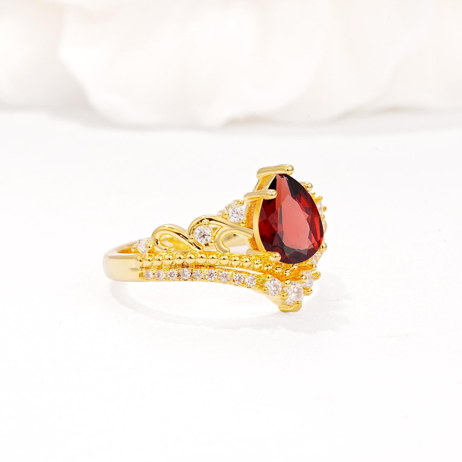 Vintage Pear Cut Garnet Crown Engagement Ring Set - Additional view