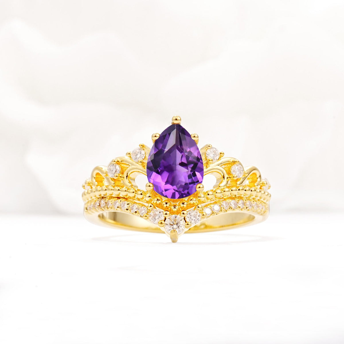 Vintage Pear Cut Amethyst Crown Engagement Ring Set - Additional view