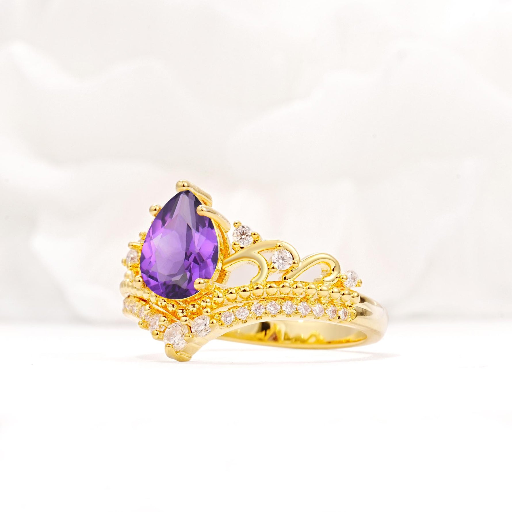 Vintage Pear Cut Amethyst Crown Engagement Ring Set - Additional view