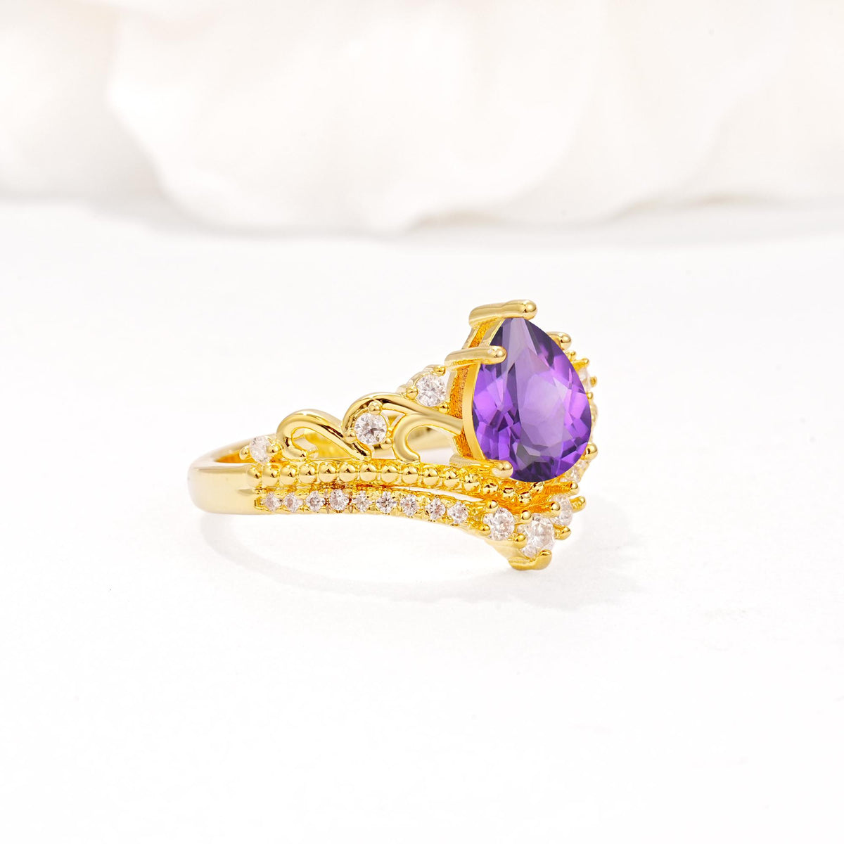 Vintage Pear Cut Amethyst Crown Engagement Ring Set - Additional view
