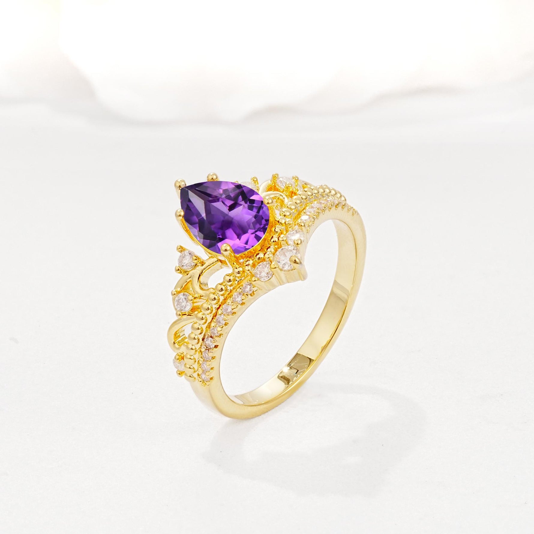 Vintage Pear Cut Amethyst Crown Engagement Ring Set - Additional view