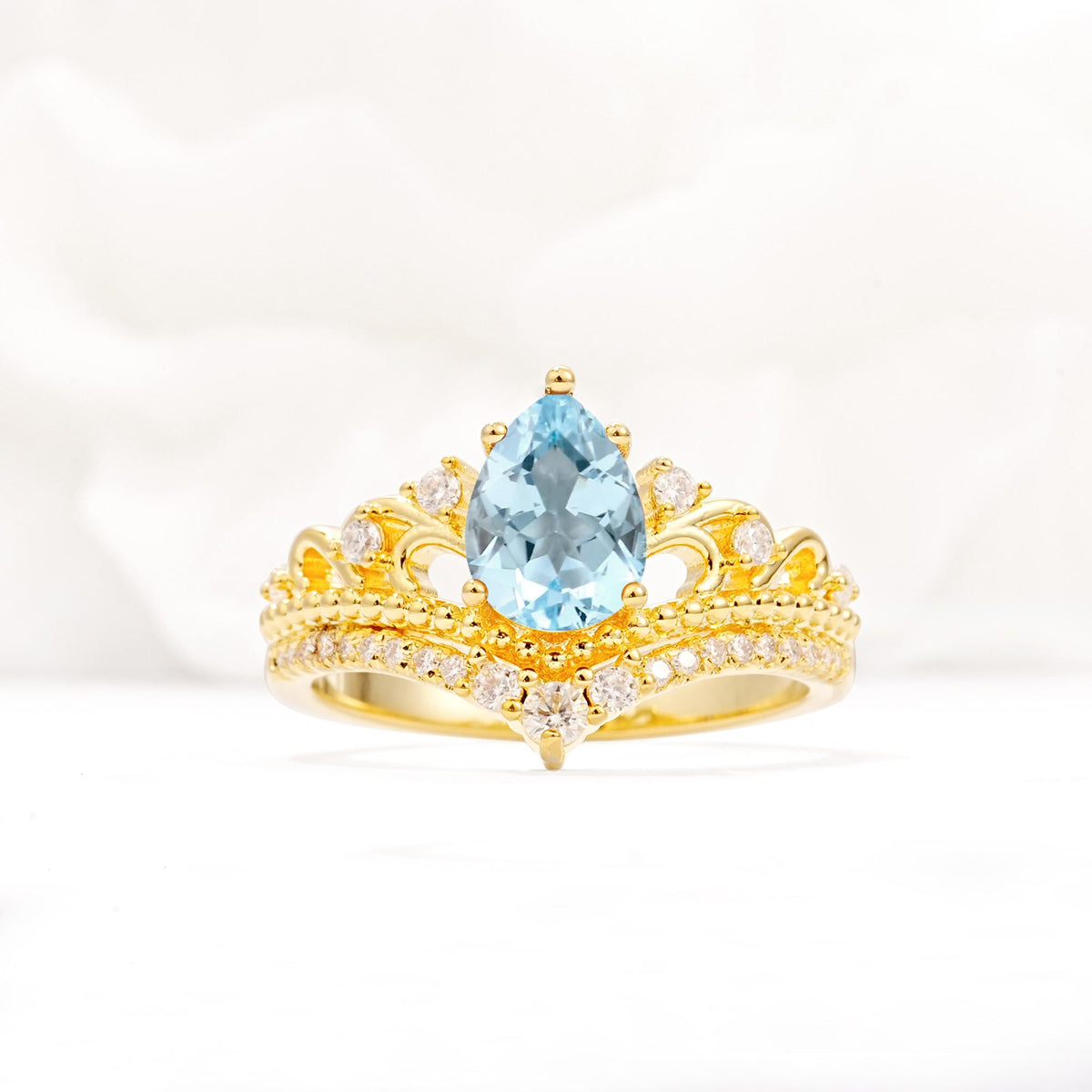 Vintage Pear Cut Aquamarine Crown Engagement Ring Set - Additional view