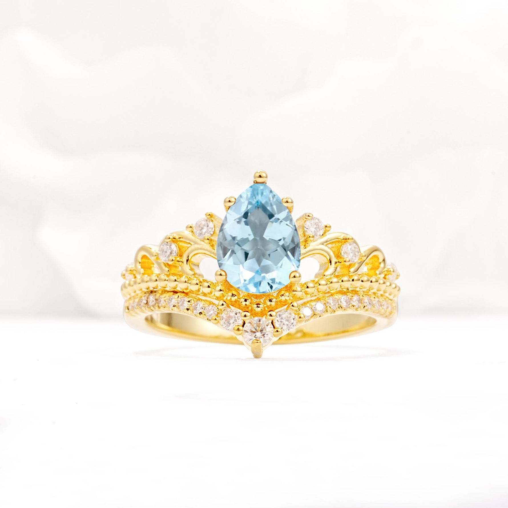 Vintage Pear Cut Aquamarine Crown Engagement Ring Set - Additional view