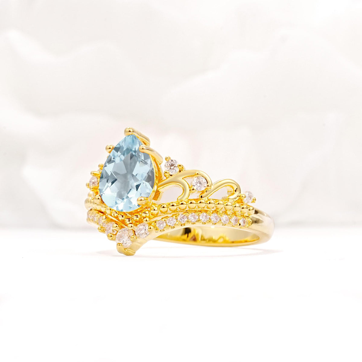 Vintage Pear Cut Aquamarine Crown Engagement Ring Set - Additional view