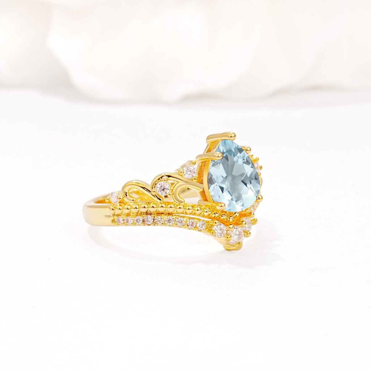 Vintage Pear Cut Aquamarine Crown Engagement Ring Set - Additional view