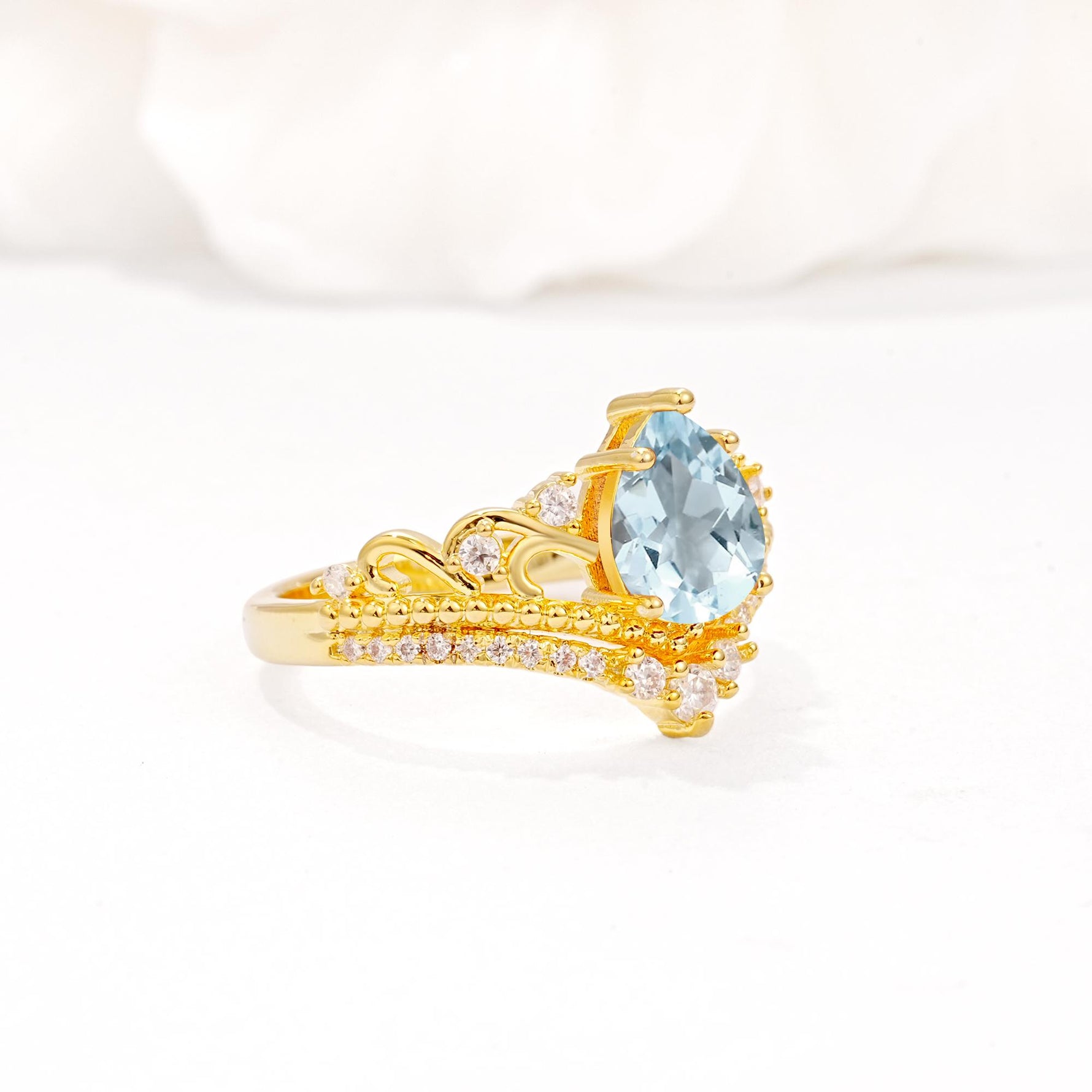 Vintage Pear Cut Aquamarine Crown Engagement Ring Set - Additional view