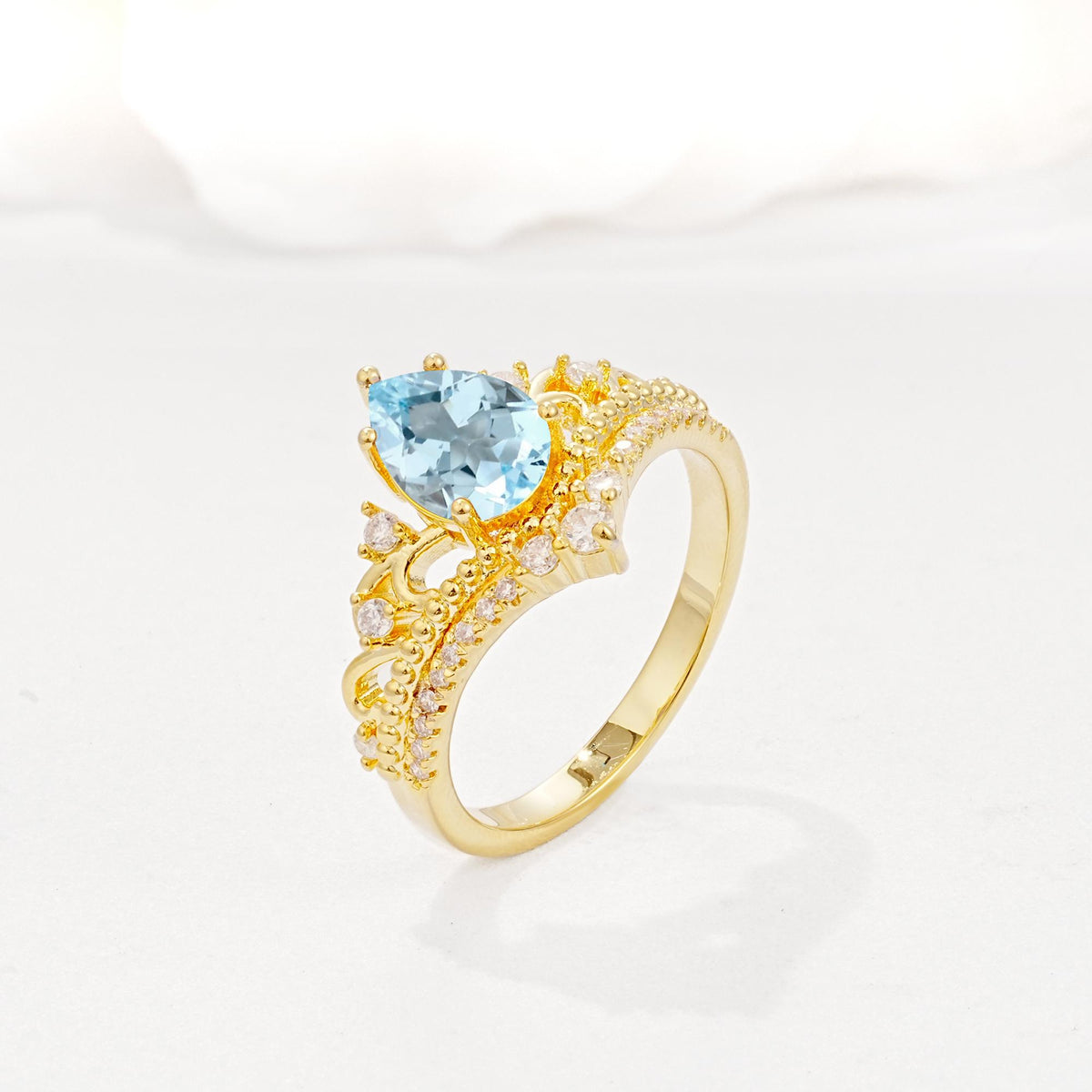Vintage Pear Cut Aquamarine Crown Engagement Ring Set - Additional view