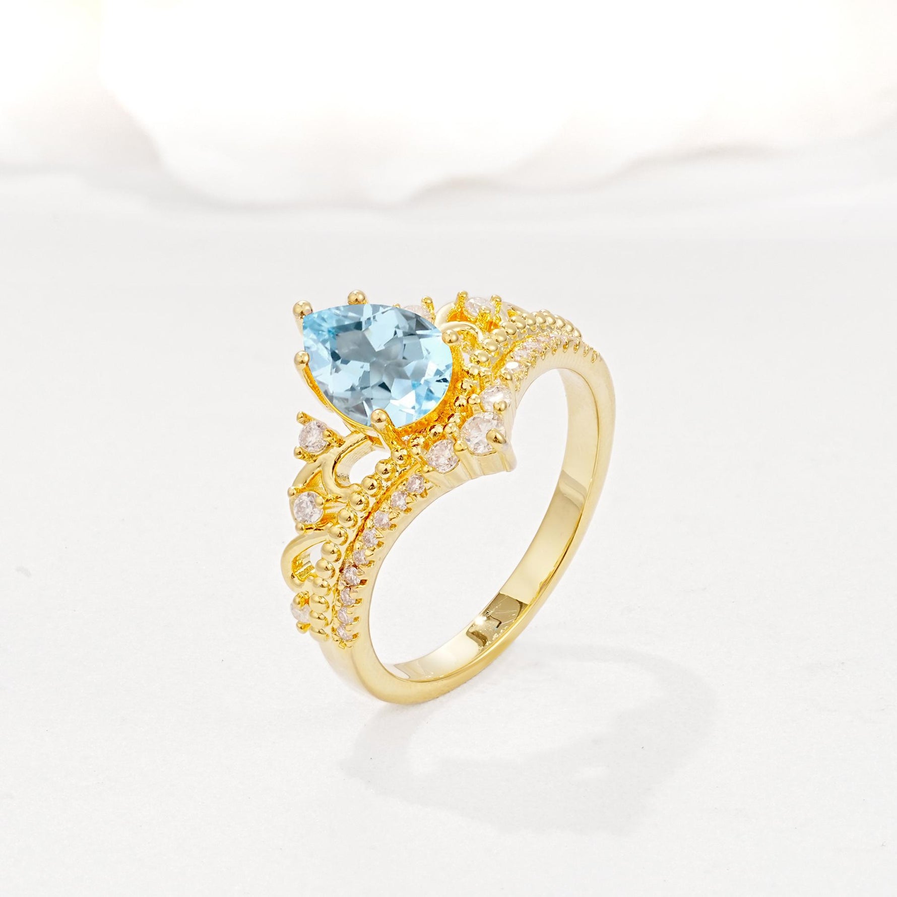 Vintage Pear Cut Aquamarine Crown Engagement Ring Set - Additional view