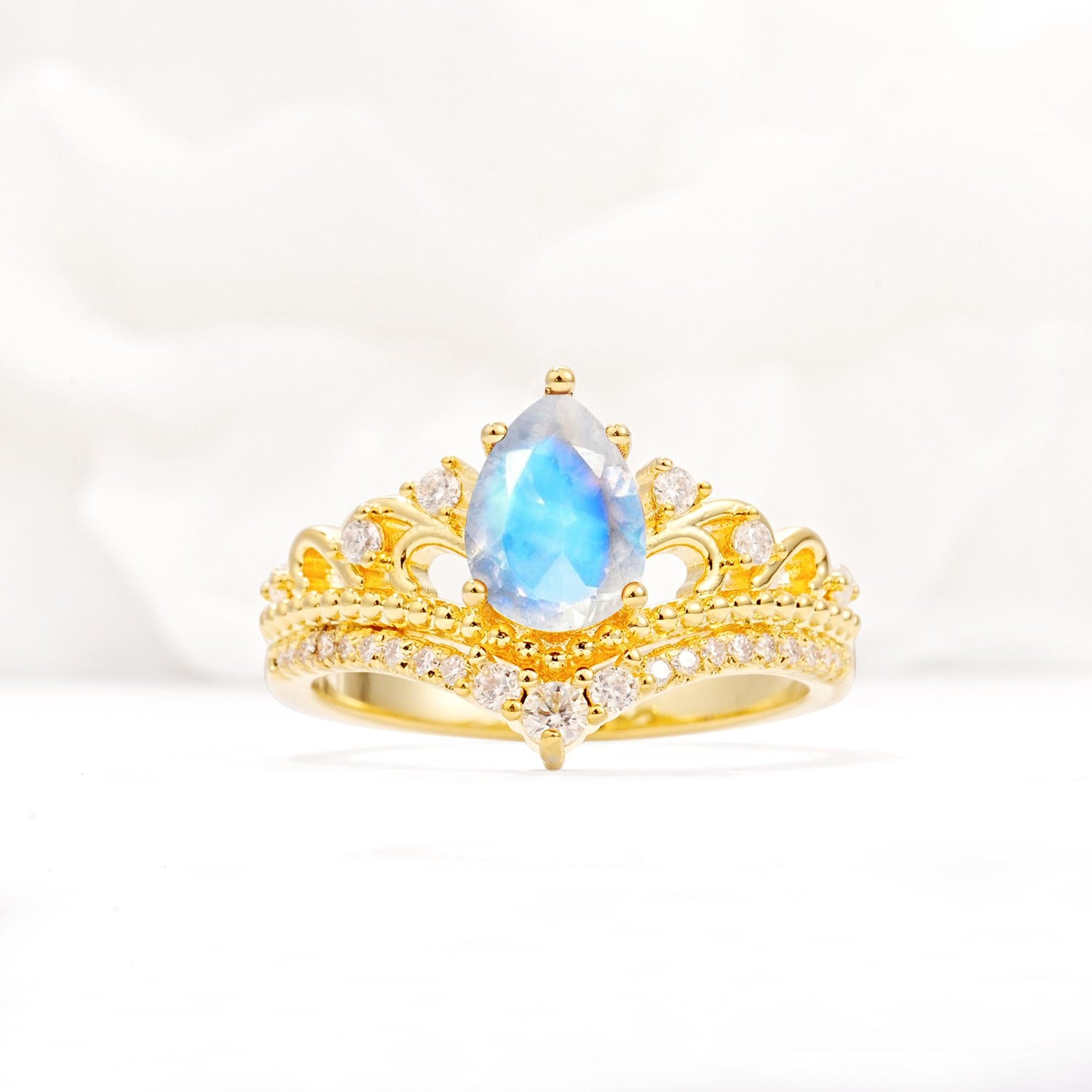 Vintage Pear Cut Moonstone Crown Engagement Ring Set - Additional view