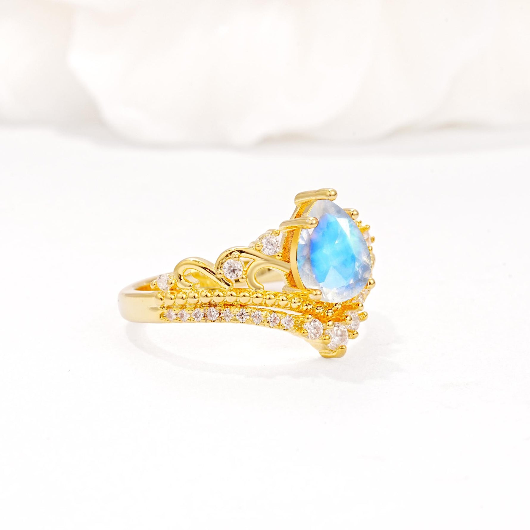 Vintage Pear Cut Moonstone Crown Engagement Ring Set - Additional view