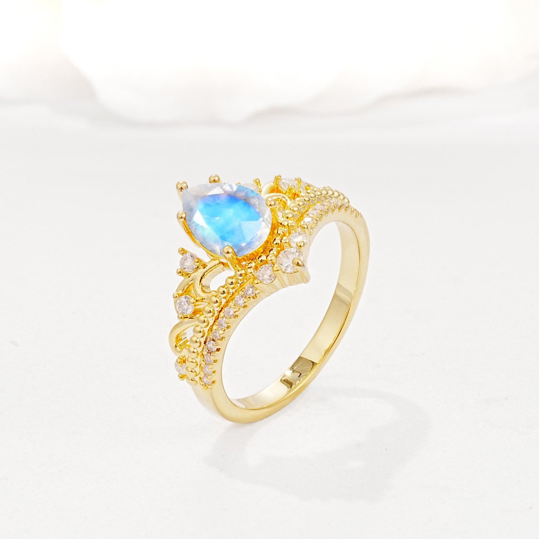 Vintage Pear Cut Moonstone Crown Engagement Ring Set - Additional view