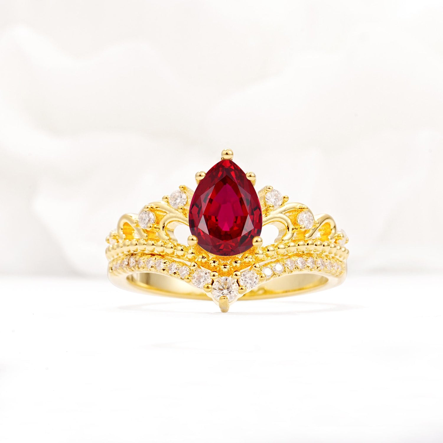 Vintage Pear Cut Ruby Crown Engagement Ring Set - Additional view