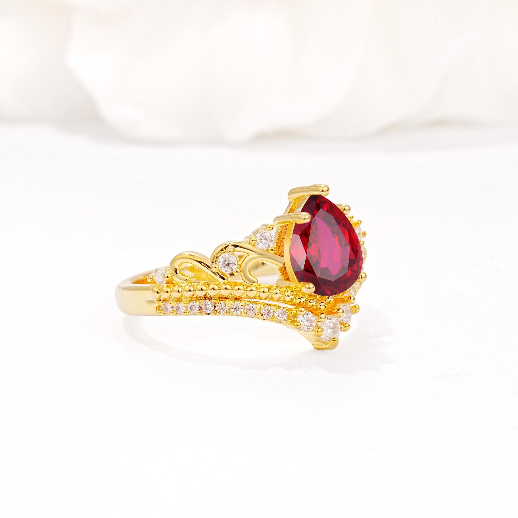 Vintage Pear Cut Ruby Crown Engagement Ring Set - Additional view