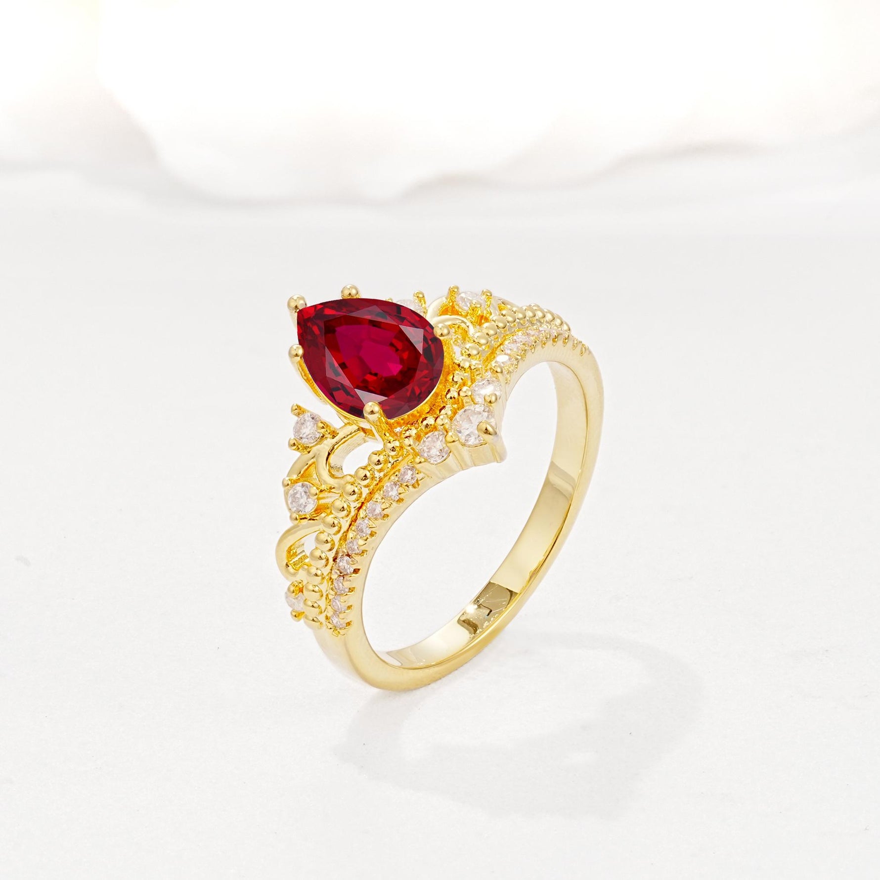 Vintage Pear Cut Ruby Crown Engagement Ring Set - Additional view