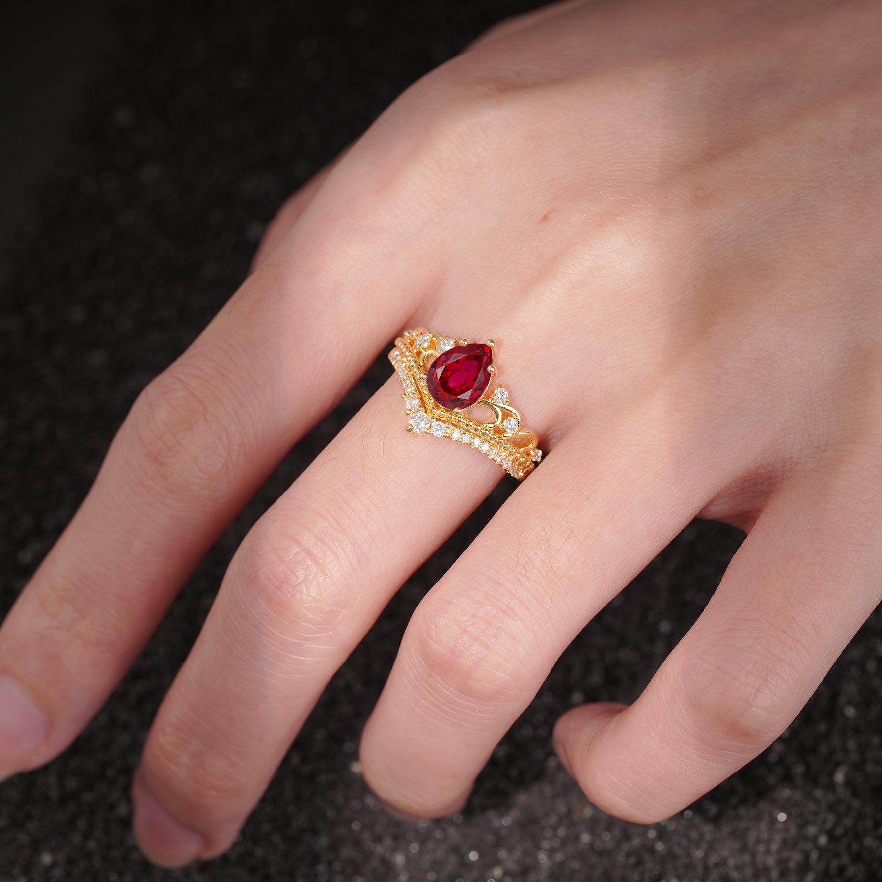 Vintage Pear Cut Ruby Crown Engagement Ring Set - Additional view