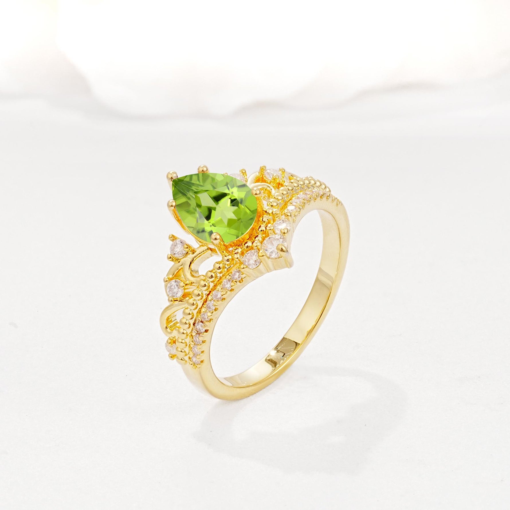 Vintage Pear Cut Peridot Crown Engagement Ring Set - Additional view