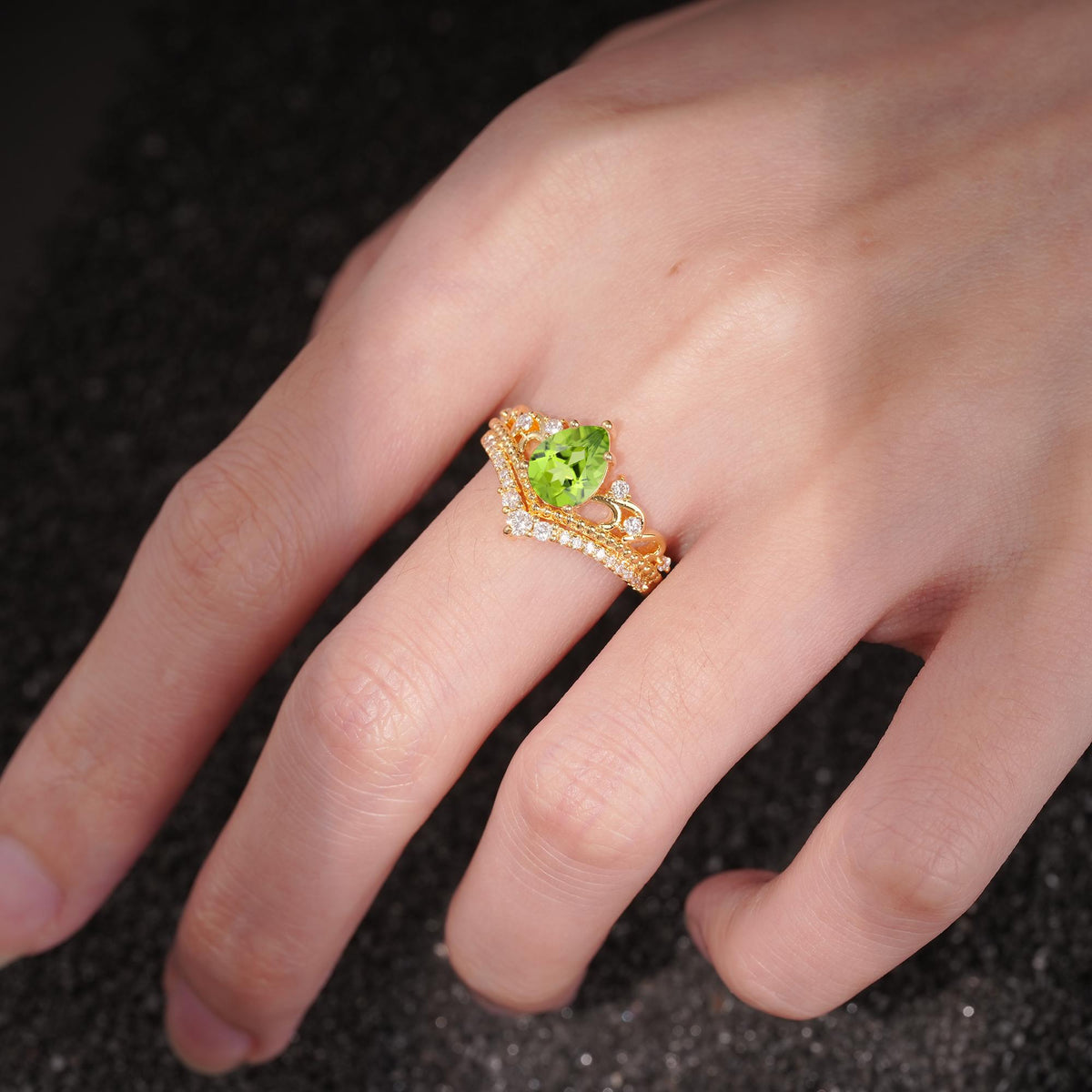 Vintage Pear Cut Peridot Crown Engagement Ring Set - Additional view