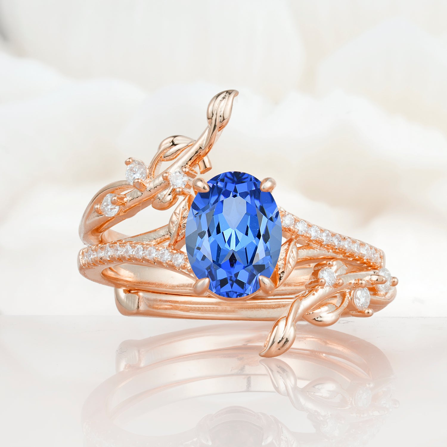 Nature-Inspired Oval Cut Sapphire Bridal Ring Set for Proposa