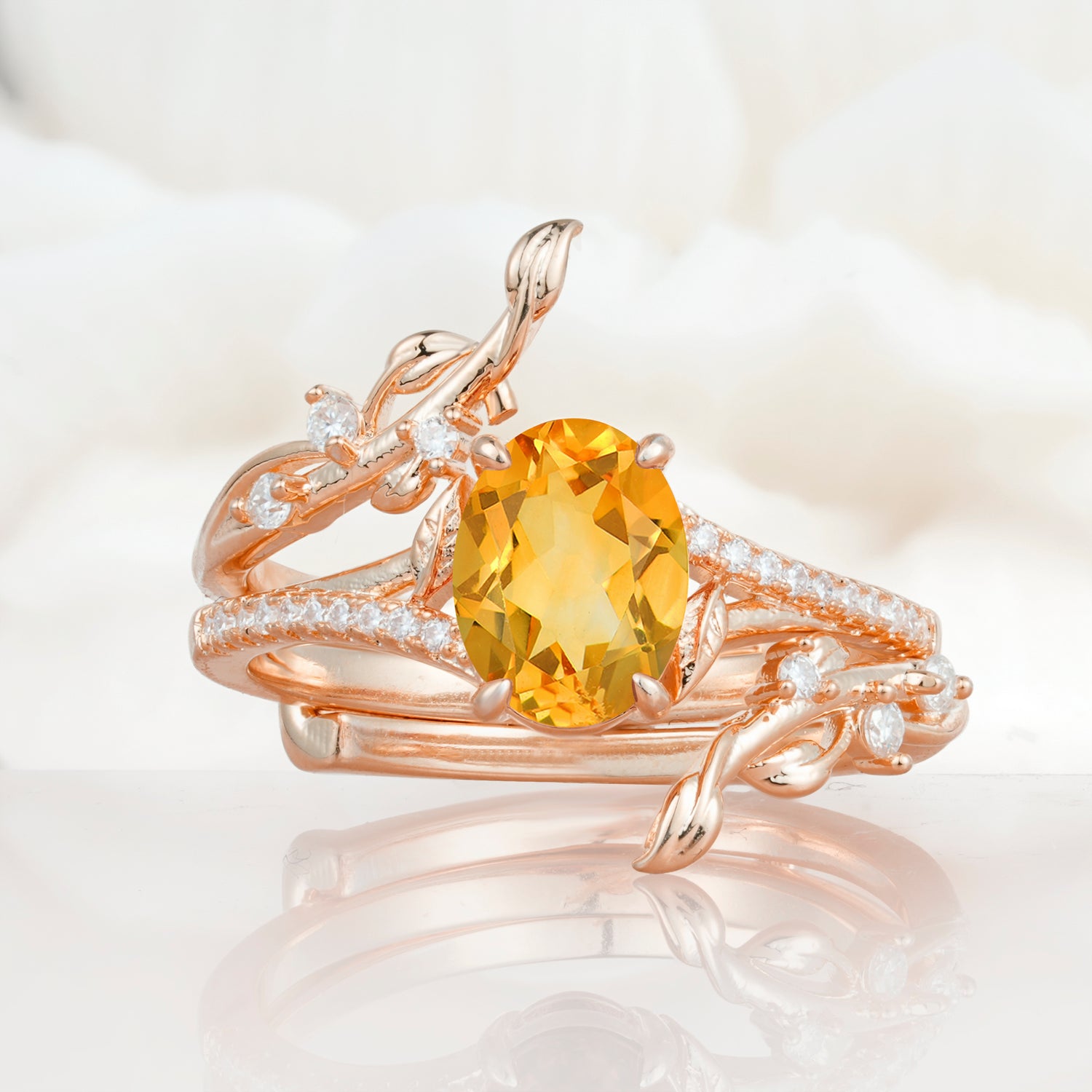 Nature-Inspired Oval Cut Citrine Bridal Ring Set for Proposa