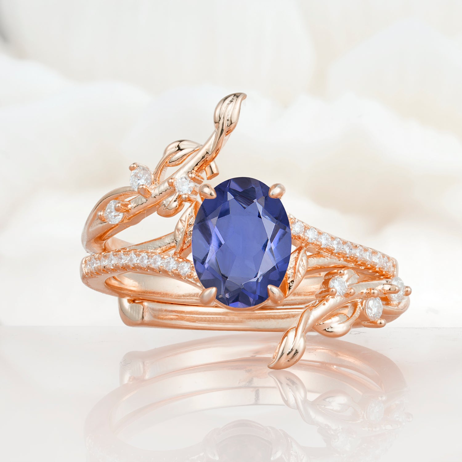Nature-Inspired Oval Cut Tanzanite Bridal Ring Set for Proposa