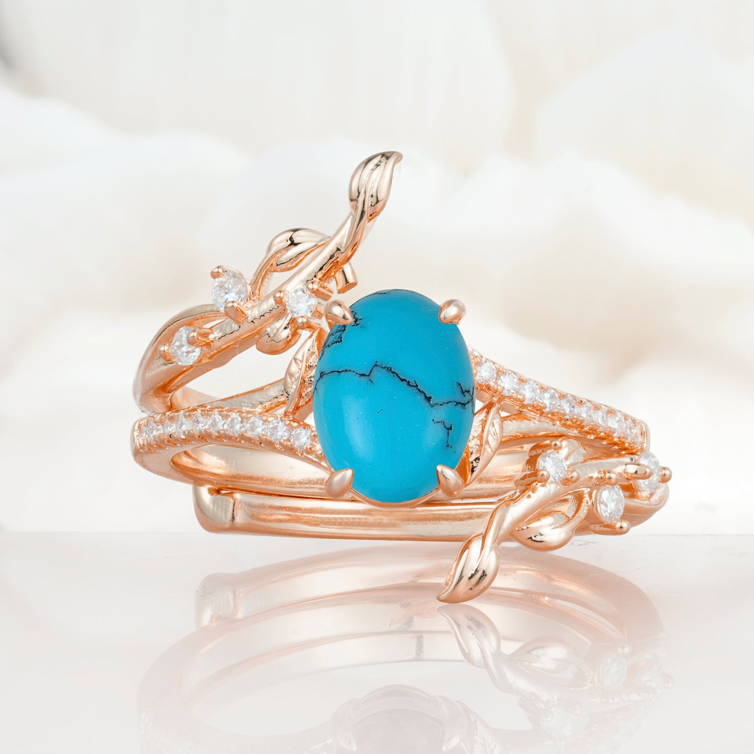 Nature-Inspired Oval Cut Turquoise Bridal Ring Set for Proposa