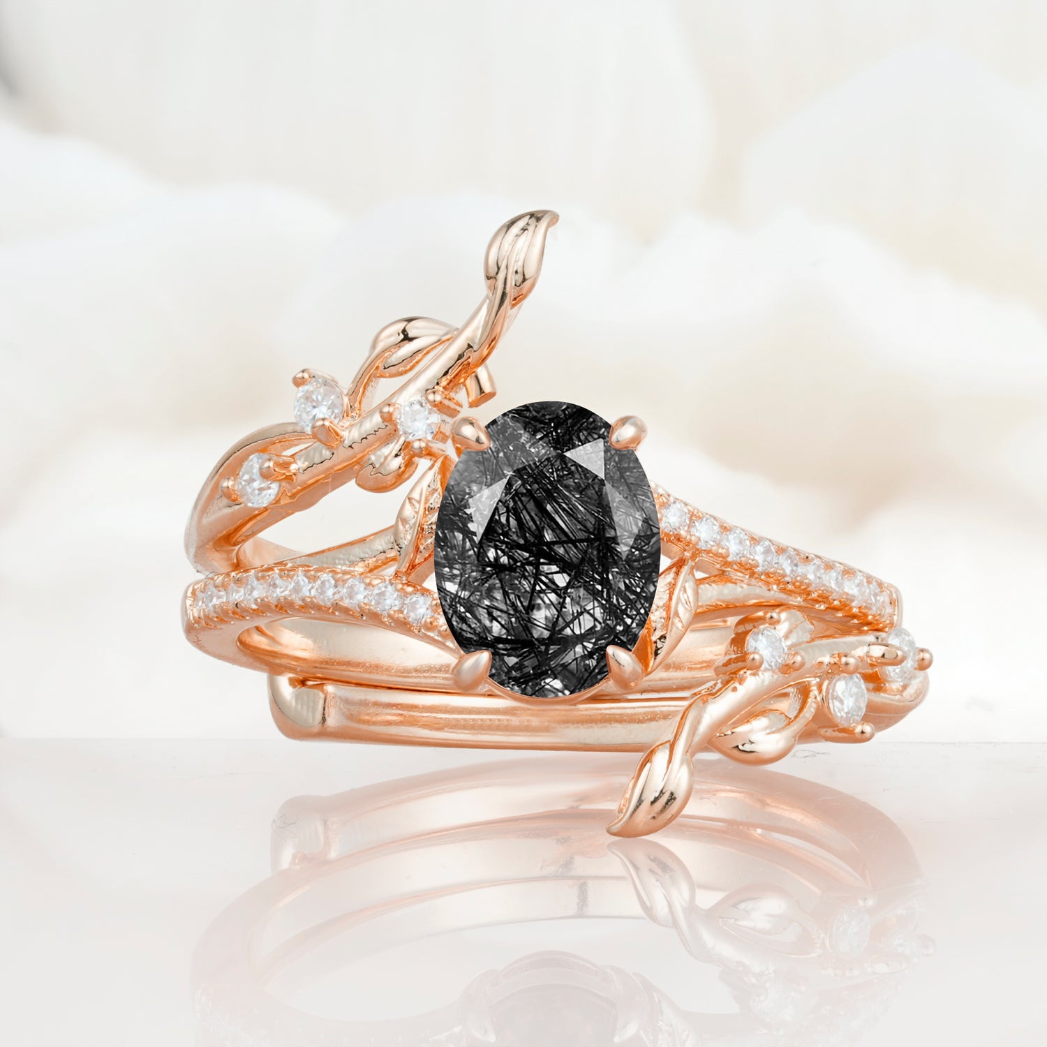 Nature-Inspired Oval Cut Black Rutilated Quartz Bridal Ring Set for Proposa
