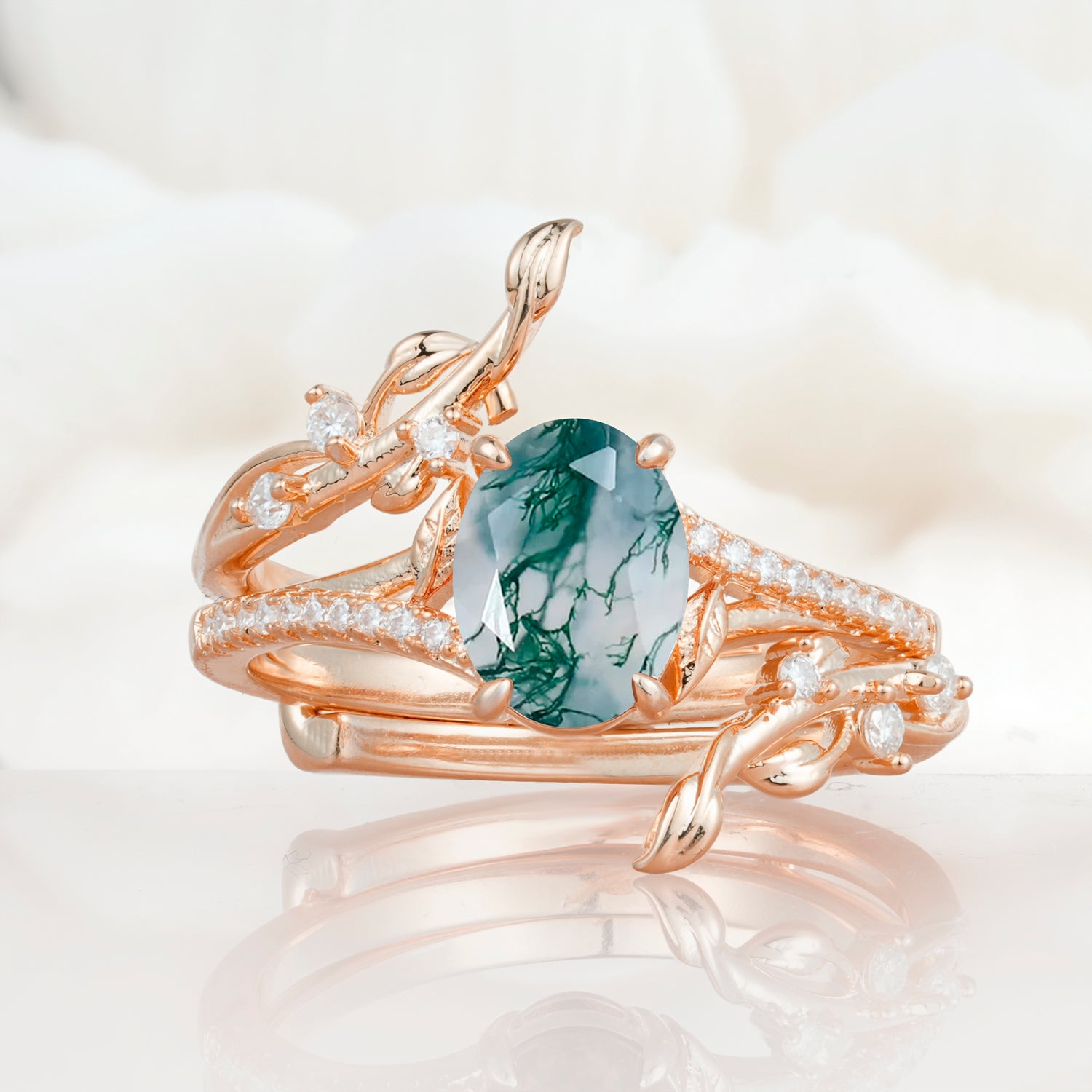Nature-Inspired Oval Cut Moss Agate Bridal Ring Set for Proposa