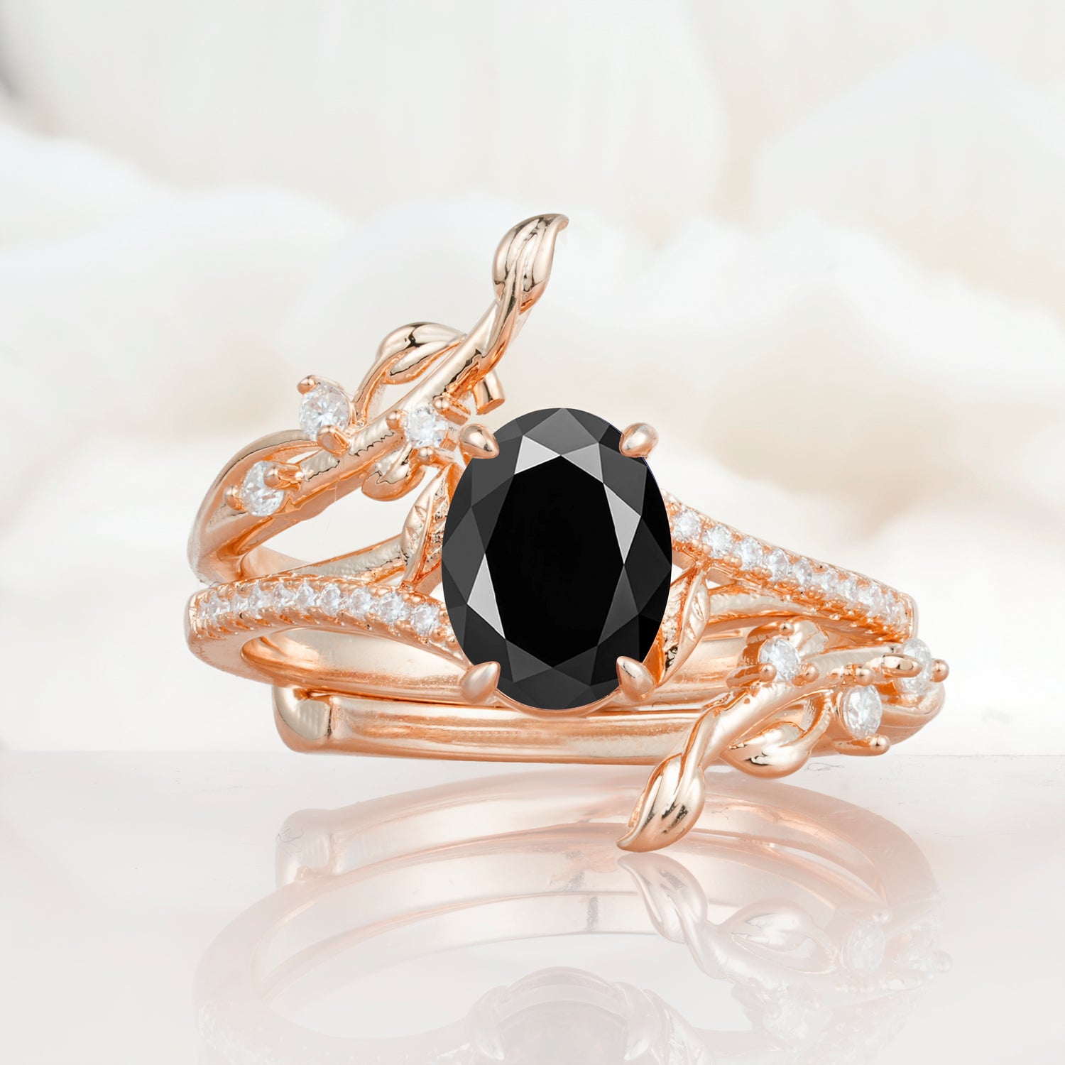 Nature-Inspired Oval Cut Black Onyx Bridal Ring Set for Proposa