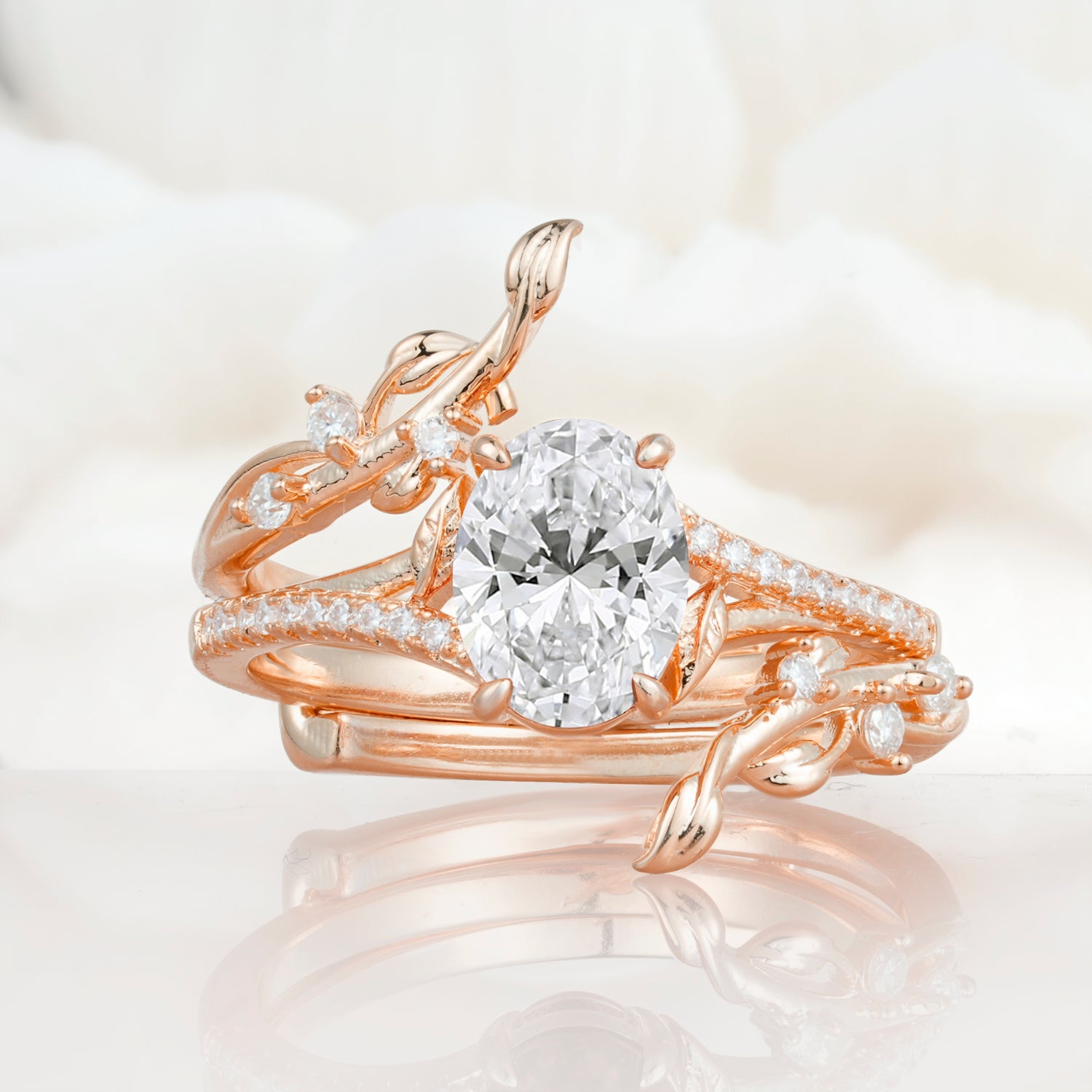 Nature-Inspired Oval Cut Lab Diamond Bridal Ring Set for Proposa