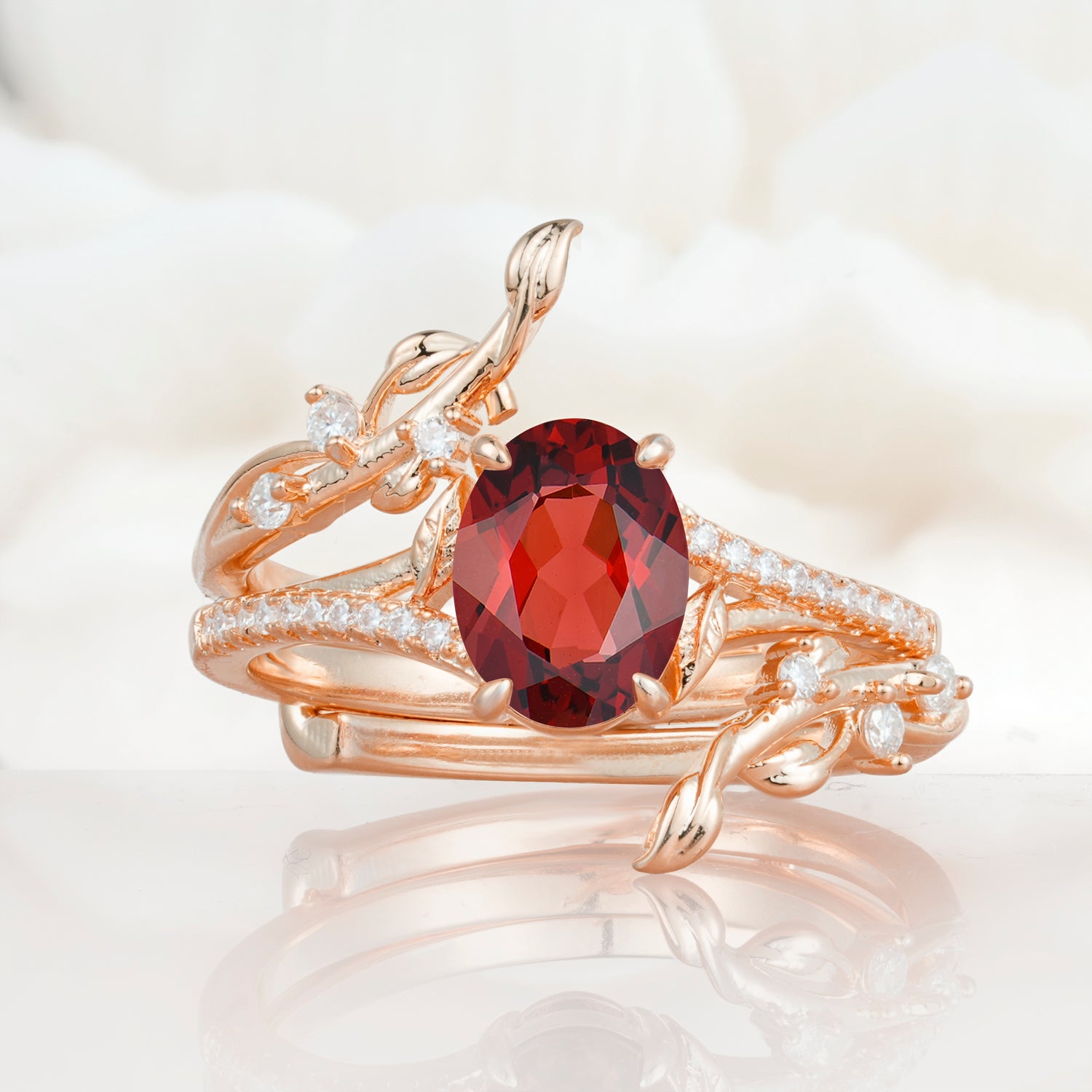 Nature-Inspired Oval Cut Garnet Bridal Ring Set for Proposal