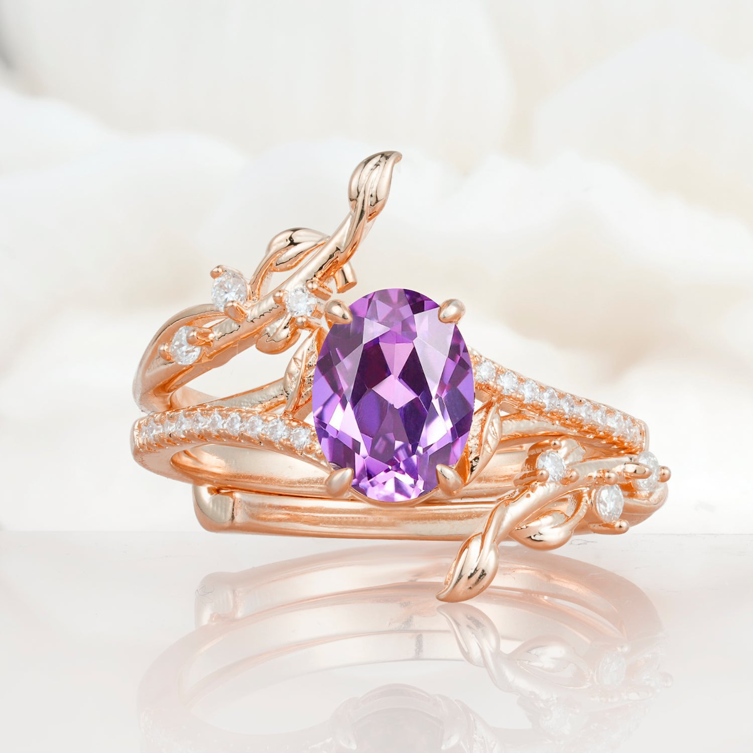 Nature-Inspired Oval Cut Amethyst Bridal Ring Set for Proposal