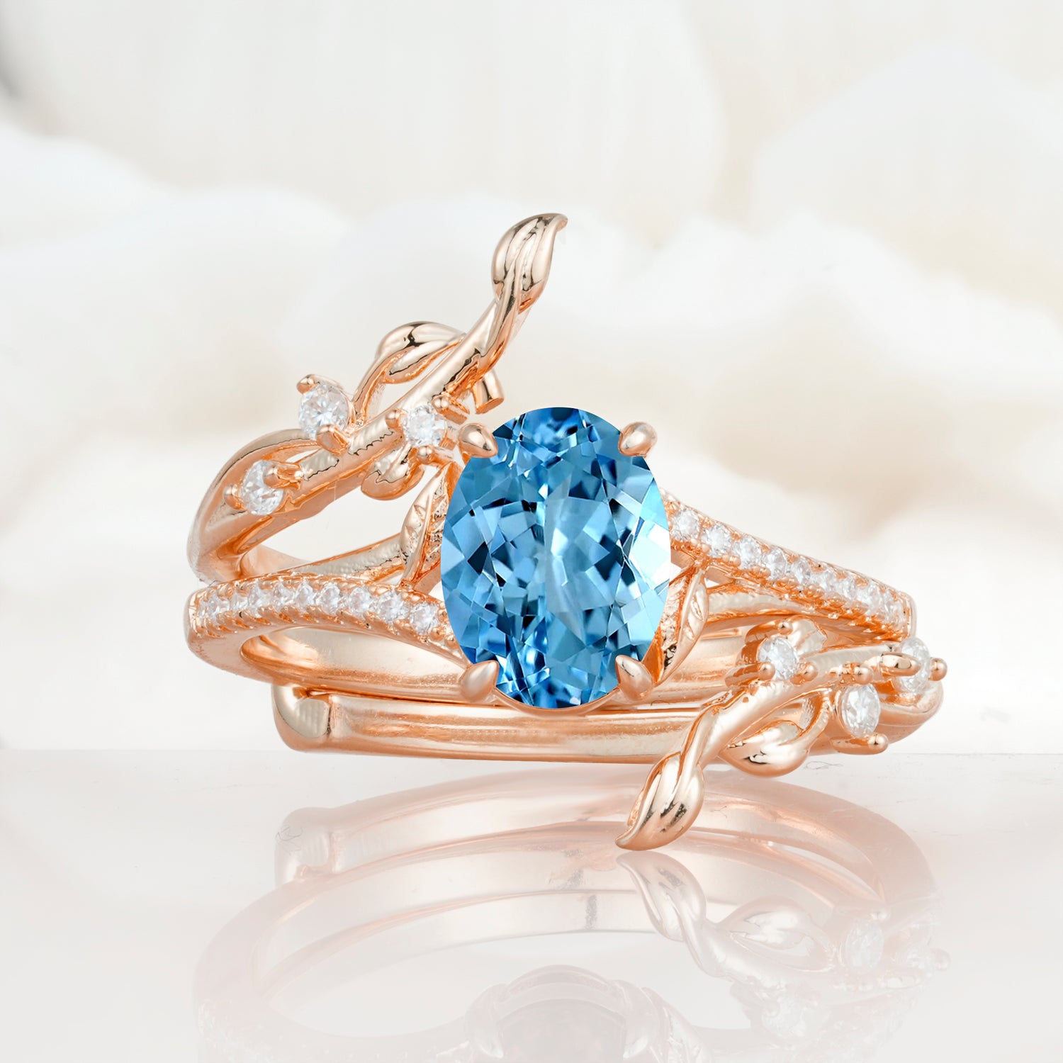 Nature-Inspired Oval Cut Aquamarine Bridal Ring Set for Proposa