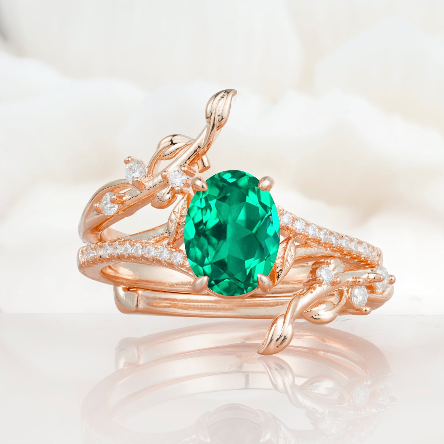 Nature-Inspired Oval Cut Emerald Bridal Ring Set for Proposa