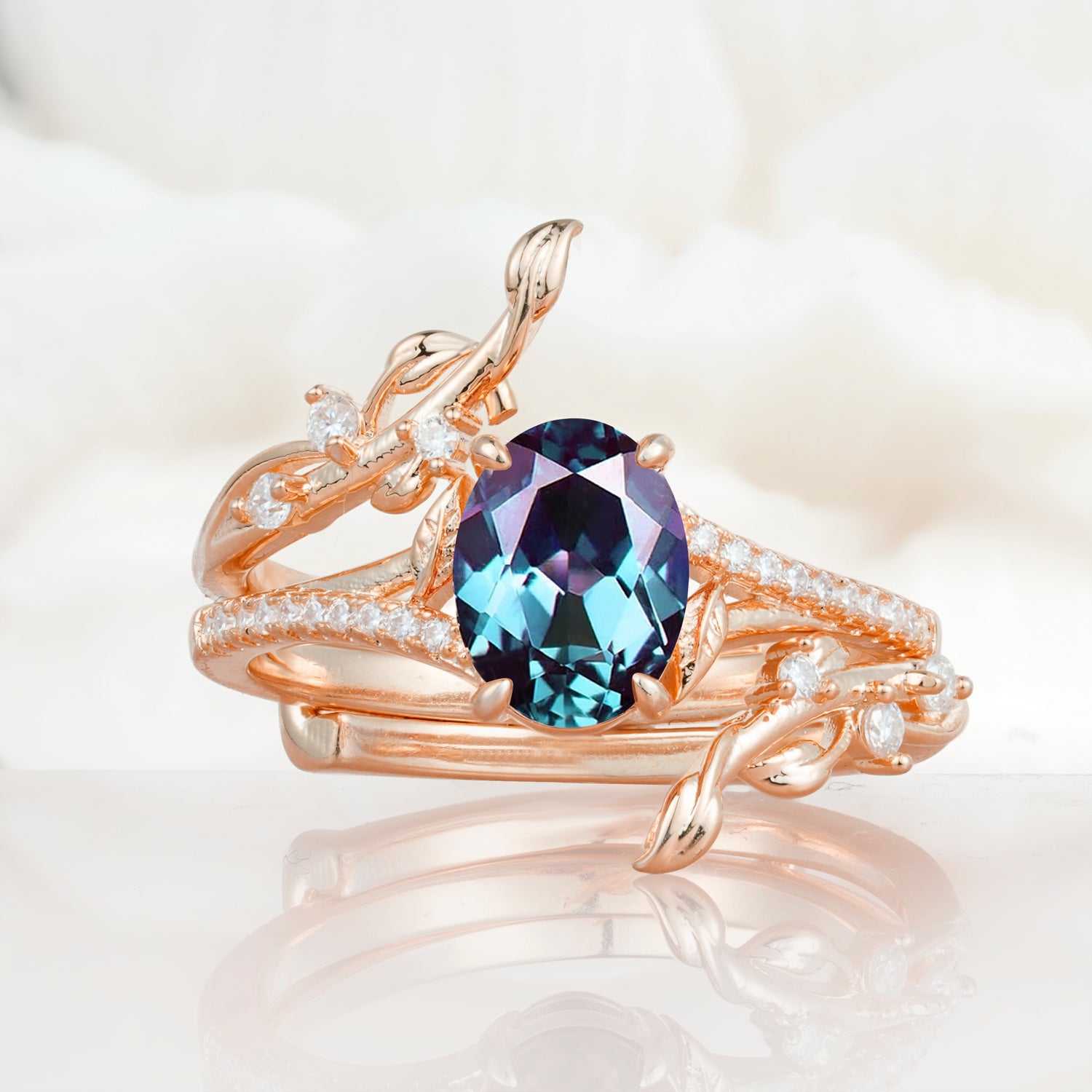 Nature-Inspired Oval Cut Alexandrite Bridal Ring Set for Proposa