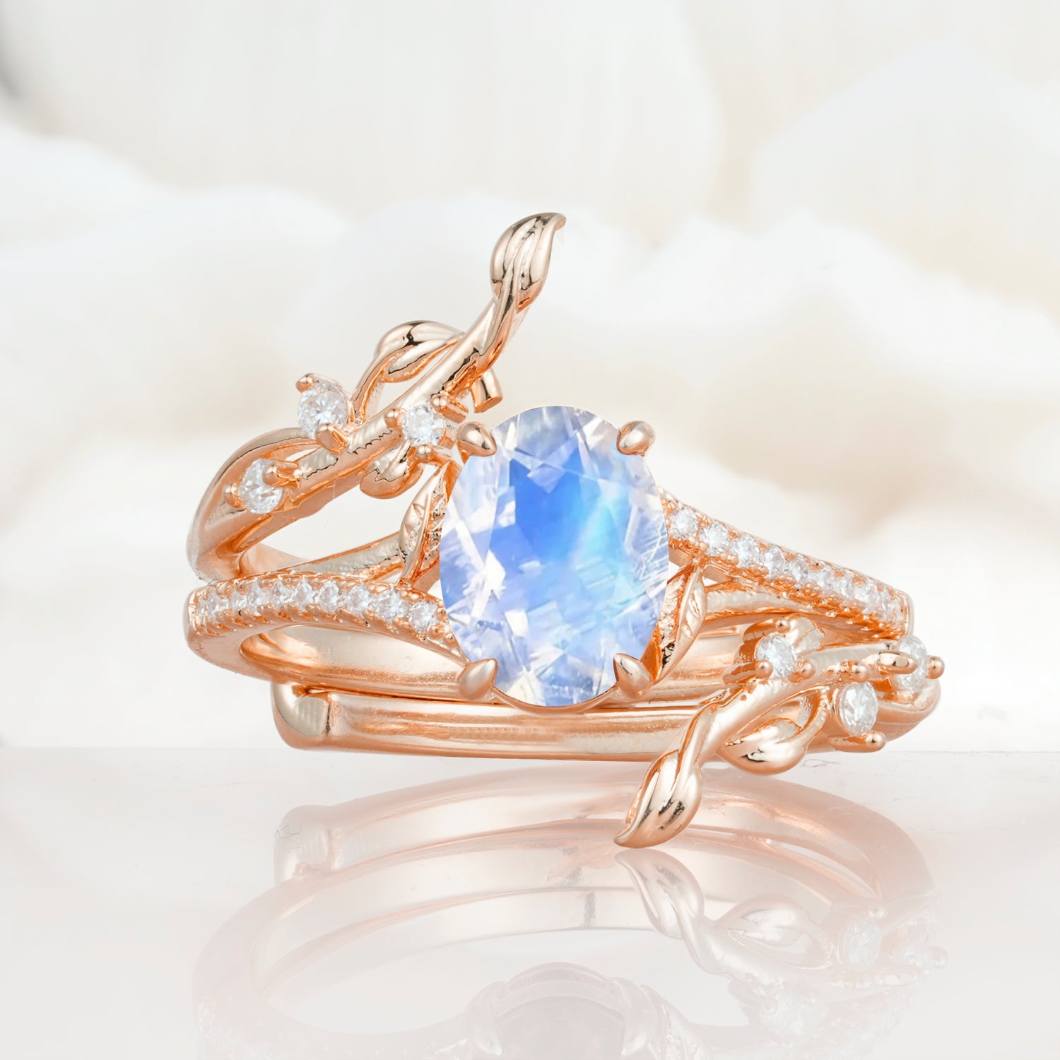 Nature-Inspired Oval Cut Moonstone Bridal Ring Set for Proposa