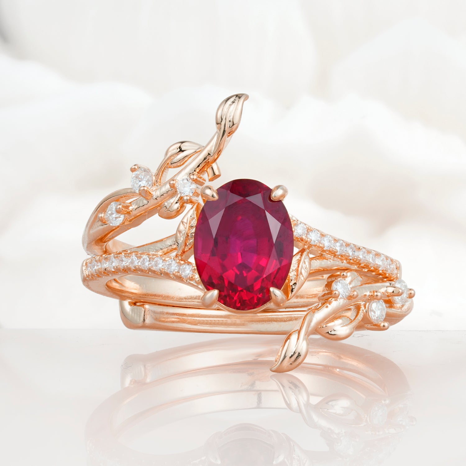 Nature-Inspired Oval Cut Ruby Bridal Ring Set for Proposa