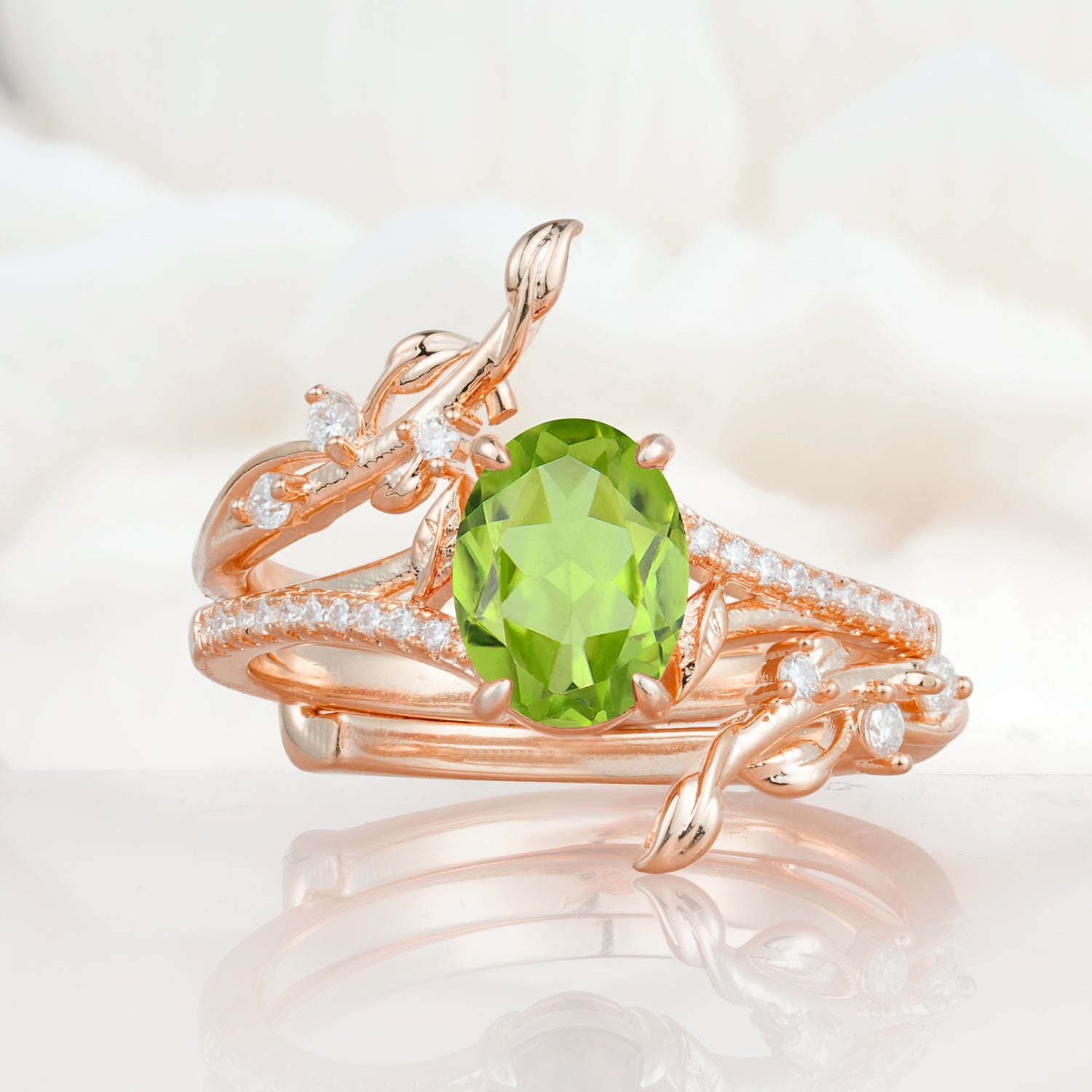 Nature-Inspired Oval Cut Peridot Bridal Ring Set for Proposa