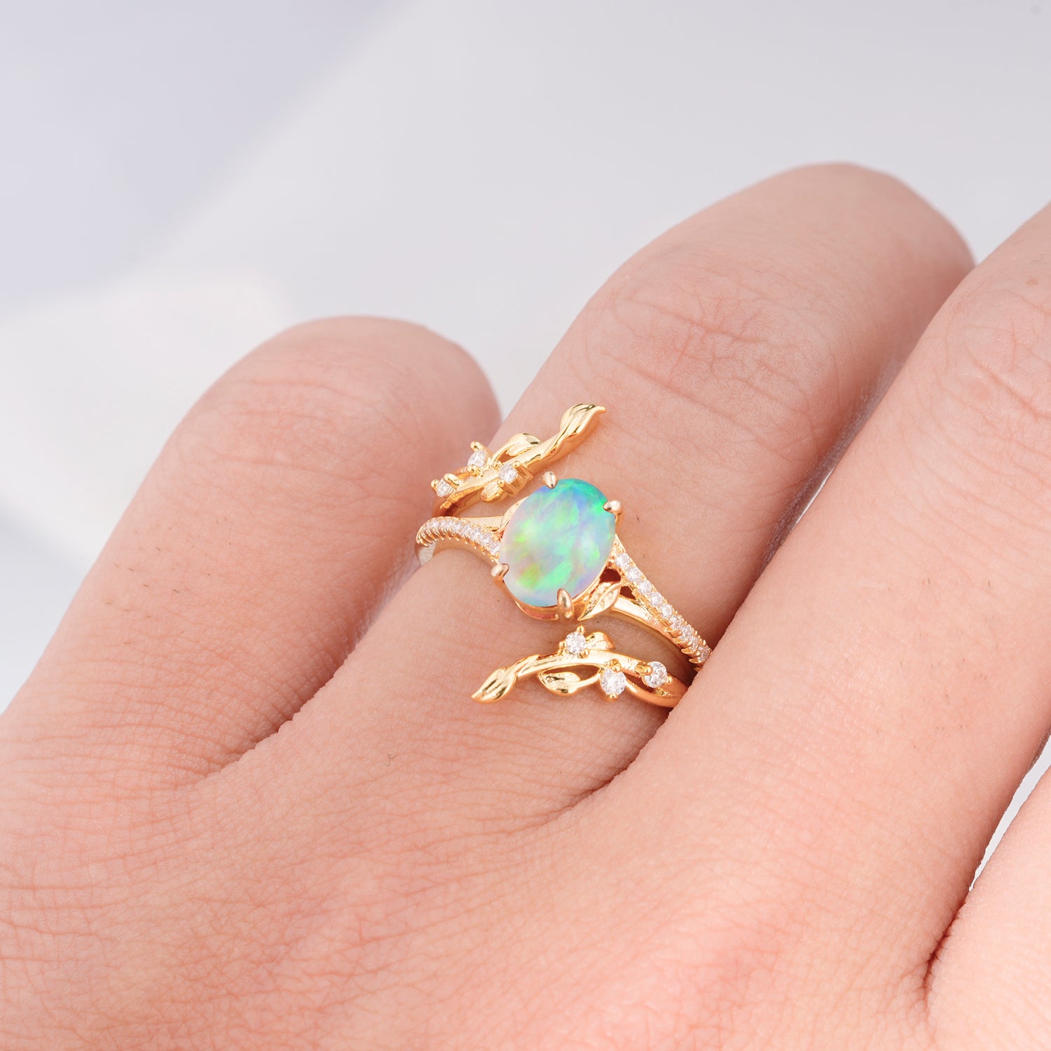 Nature Leaf Vine Oval Cut Fire Opal Bridal Ring Set